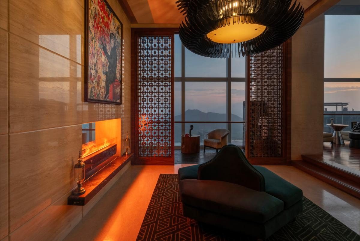 Grand Hyatt Shenzhen Penthouse Lounge — BB-280 Smart Bioethanol Fireplace with chandelier and sunset skyline