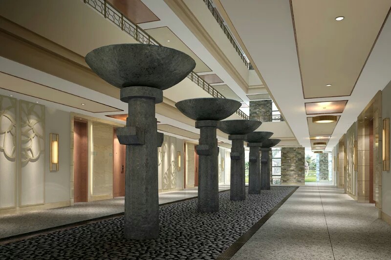 BB Fires bespoke outdoor torch column, luxury hotel corridor concept render